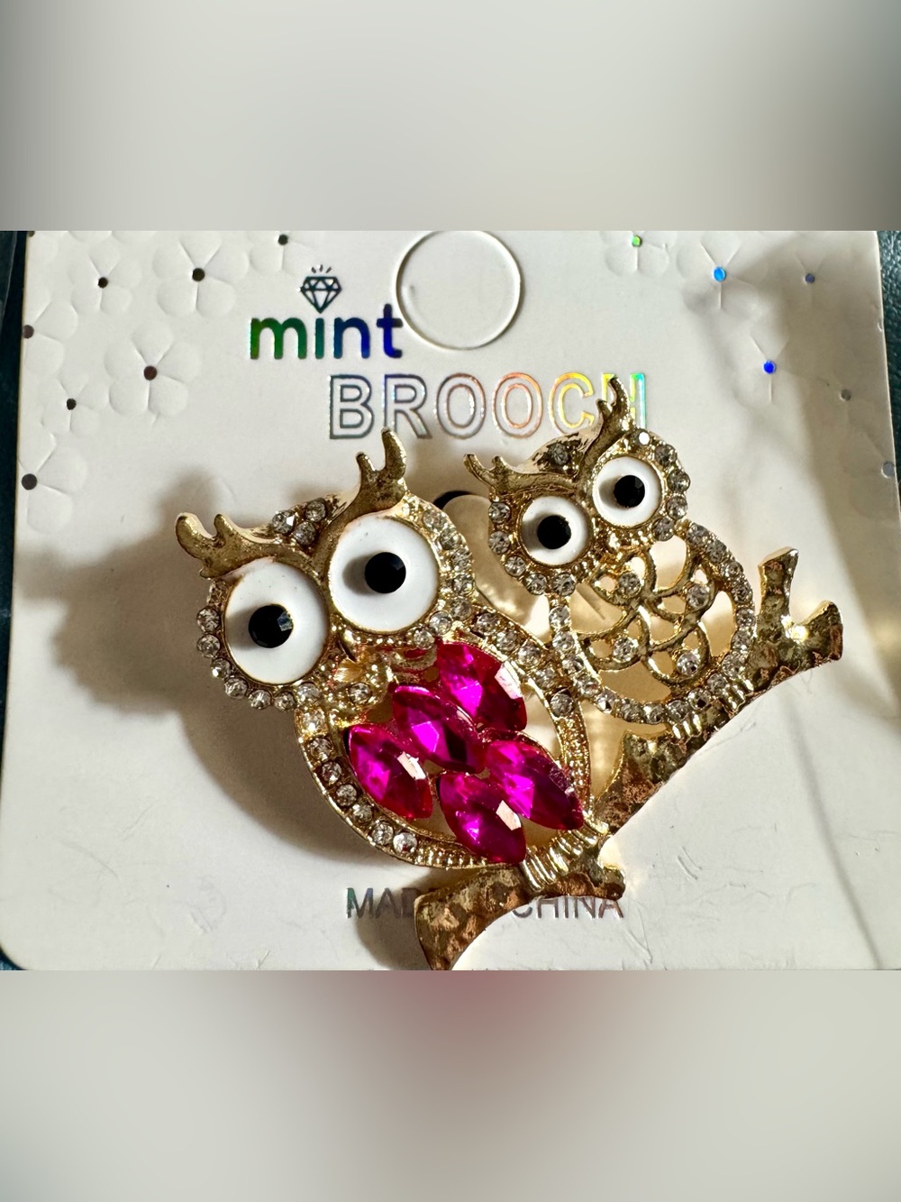 Gold-tone Owl Brooch with Marquise Stones